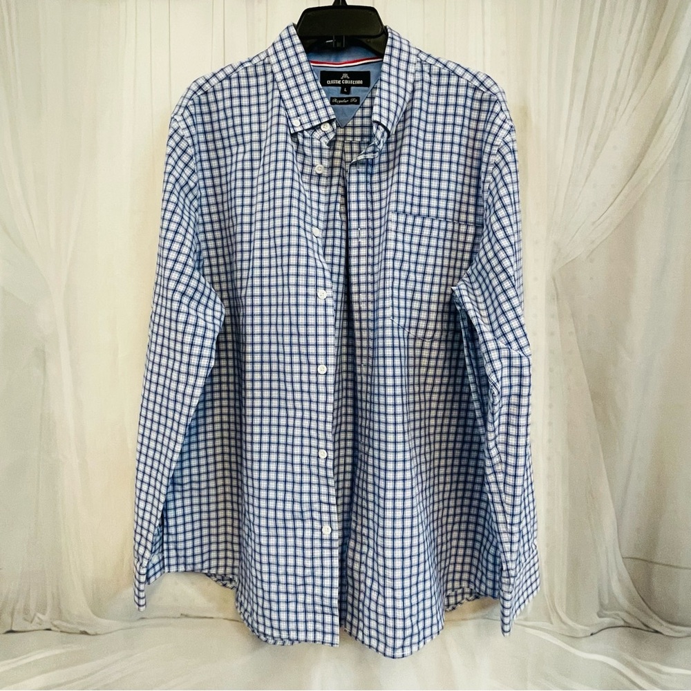 Classic COLLECTION Blue White Plaid Shirt Long Sleeve Button Down Wedding Guest